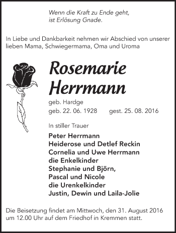 Traueranzeige von Rosemarie Herrmann von Märkische Oderzeitung