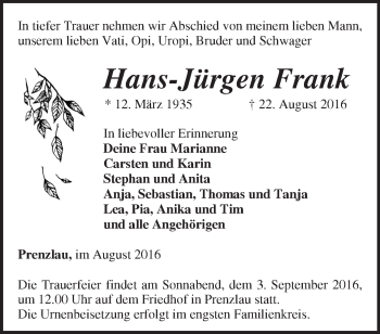 Traueranzeige von Hans-Jürgen Frank von Märkische Oderzeitung