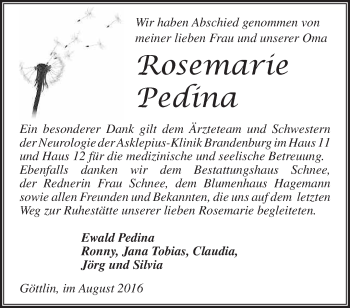 Traueranzeige von Rosemarie Pedina von Märkische Oderzeitung