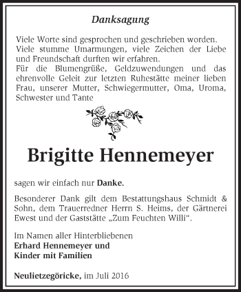 Traueranzeige von Brigitte Hennemeyer von Märkische Oderzeitung