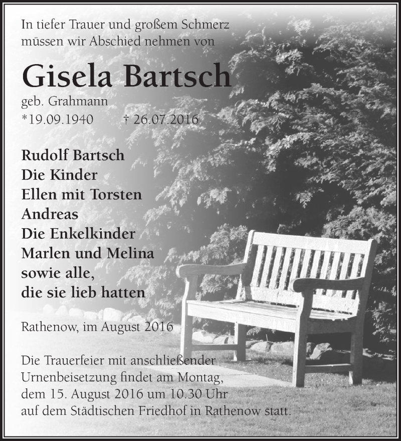 Was Wurde Aus Gisela Bartsch Traueranzeigen von Gisela Bartsch | Märkische Onlinezeitung Trauerportal
