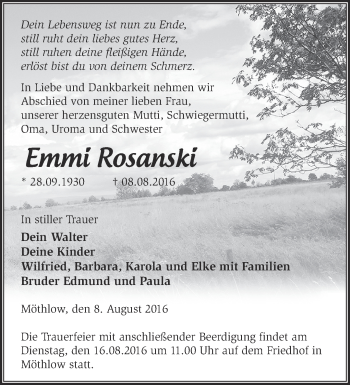 Traueranzeige von Emmi Rosanski von Märkische Oderzeitung