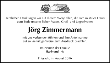 Traueranzeige von Jörg Zimmermann von Märkische Oderzeitung