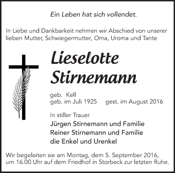 Traueranzeige von Lieselotte Stirnemann von Märkische Oderzeitung