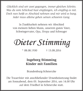 Traueranzeige von Dieter Stimming von Märkische Oderzeitung