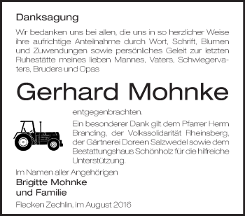 Traueranzeige von Gerhard Mohnke von Märkische Oderzeitung