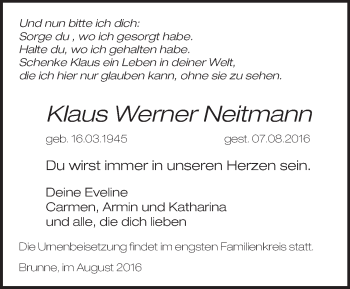 Traueranzeige von Klaus Werner Neitmann von Märkische Oderzeitung