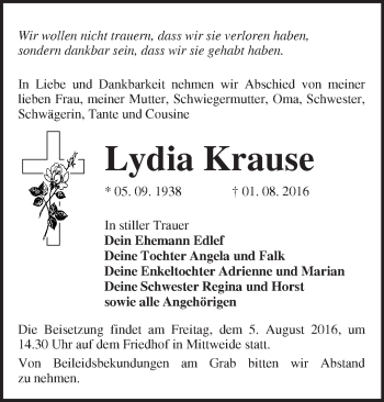 Traueranzeige von Lydia Krause von Märkische Oderzeitung