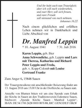 Traueranzeige von Manfred Leppin von Märkische Oderzeitung