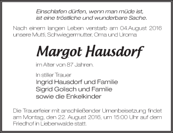 Traueranzeige von Margot Hausdorf von Märkische Oderzeitung