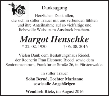 Traueranzeige von Margot Henschke von Märkische Oderzeitung