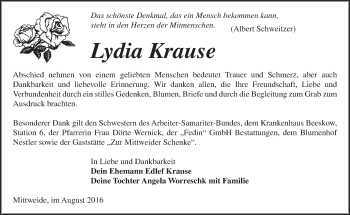 Traueranzeige von Lydia Krause von Märkische Oderzeitung