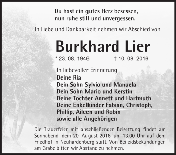 Traueranzeige von Burkhard Lier von Märkische Oderzeitung