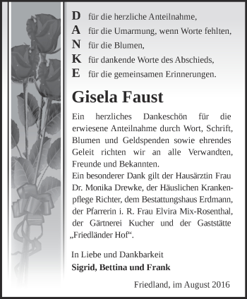 Traueranzeige von Gisela Faust von Märkische Oderzeitung