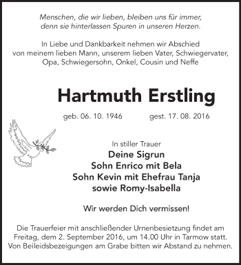 Traueranzeige von Hartmuth Erstling von Märkische Oderzeitung