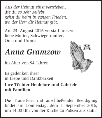 Traueranzeige von Anna Gramzow von Märkische Oderzeitung