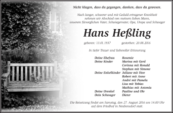 Traueranzeige von Hans Heßling von Märkische Oderzeitung