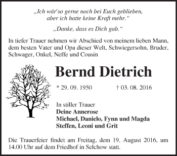 Traueranzeige von Bernd Dietrich von Märkische Oderzeitung