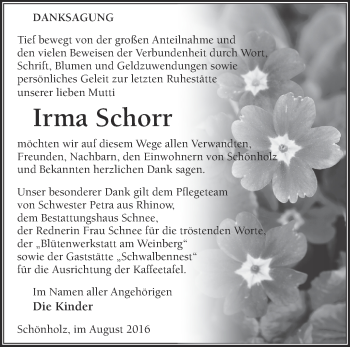 Traueranzeige von Irma Schorr von Märkische Oderzeitung