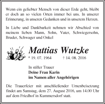 Traueranzeige von Mattias Wutzke von Märkische Oderzeitung