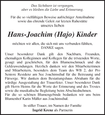 Traueranzeige von Hans-Joachim  Kinder von Märkische Oderzeitung