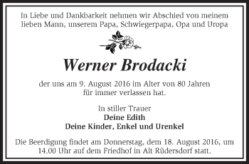 Traueranzeige von Werner Brodacki von Märkische Oderzeitung