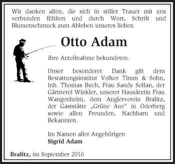 Traueranzeige von Otto Adam von Märkische Oderzeitung