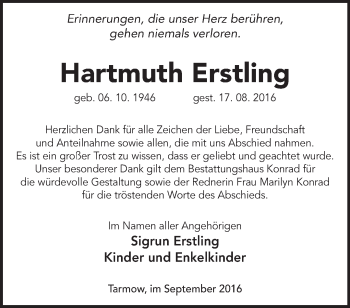 Traueranzeige von Hartmuth Erstling von Märkische Oderzeitung