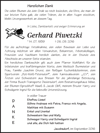 Traueranzeige von Gerhard Piwetzki von Märkische Oderzeitung