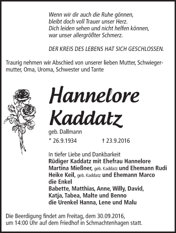 Traueranzeige von Hannelore Kaddatz von Märkische Oderzeitung