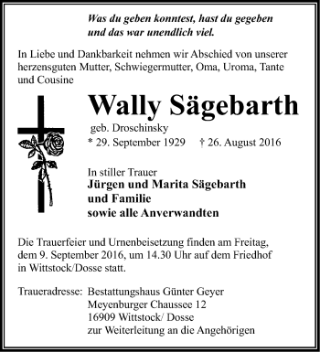 Traueranzeige von Wally Sägebarth von Märkische Oderzeitung