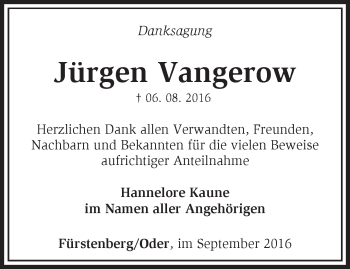 Traueranzeige von Jürgen Vangerow von Märkische Oderzeitung