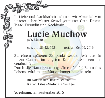 Traueranzeige von Lucie Muchow von Märkische Oderzeitung