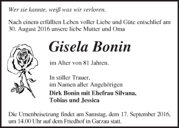 Traueranzeige von Gisela Bonin von Märkische Oderzeitung