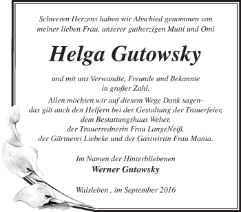 Traueranzeige von Helga Gutowsky von Märkische Oderzeitung