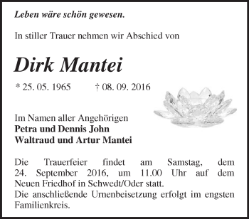 Traueranzeige von Dirk Mantei von Märkische Oderzeitung