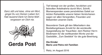 Traueranzeige von Gerda Post von Märkische Oderzeitung