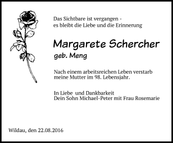 Traueranzeige von Margarete Schercher von Märkische Oderzeitung