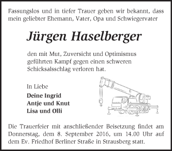 Traueranzeige von Jürgen Haselberger von Märkische Oderzeitung