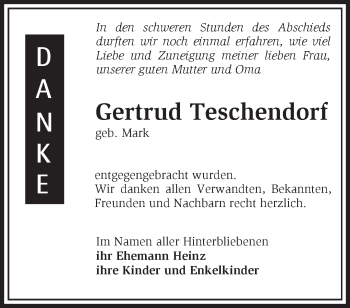 Traueranzeige von Gertrud Teschendorf von Märkische Oderzeitung