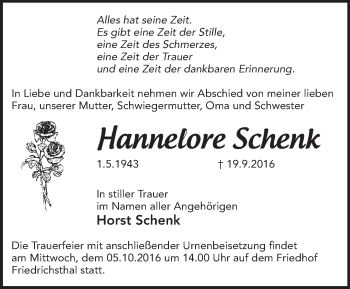 Traueranzeige von Hannelore Schenk von Märkische Oderzeitung