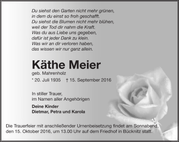 Traueranzeige von Käthe Meier von Märkische Oderzeitung