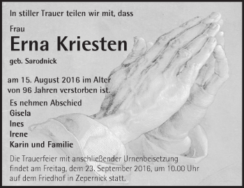 Traueranzeige von Erna Kriesten von Märkische Oderzeitung