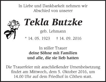 Traueranzeige von Tekla Butzke von Märkische Oderzeitung