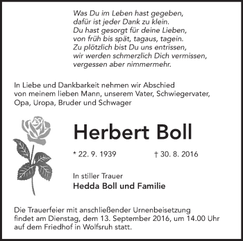 Traueranzeige von Herbert Boll von Märkische Oderzeitung