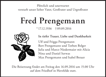 Traueranzeige von Fred Prengemann von Märkische Oderzeitung