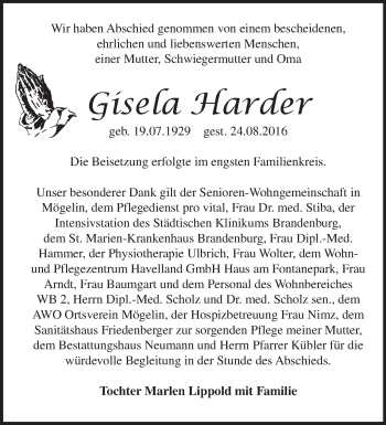 Traueranzeige von Gisela Harder von Märkische Oderzeitung