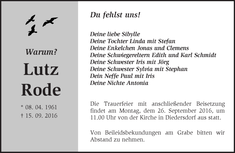  Traueranzeige für Lutz Rode vom 24.09.2016 aus Märkische Oderzeitung