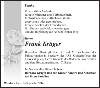 Traueranzeige von Frank Krüger von Märkische Oderzeitung