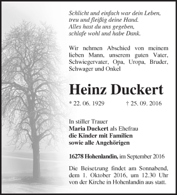 Traueranzeige von Heinz Duckert von Märkische Oderzeitung